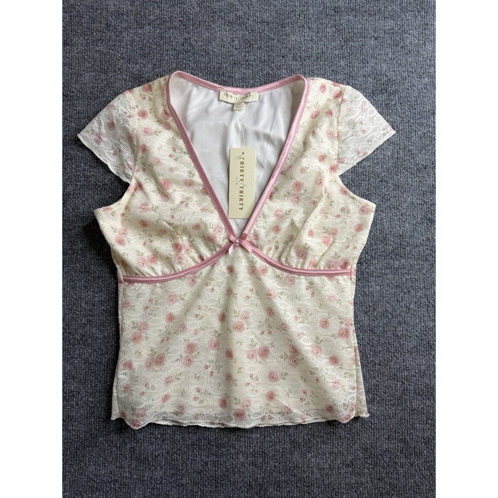 Thirty Thirty Y2K Lace Babydoll Top Size Medium Ivory Pink Coquette Soft‎ Girl